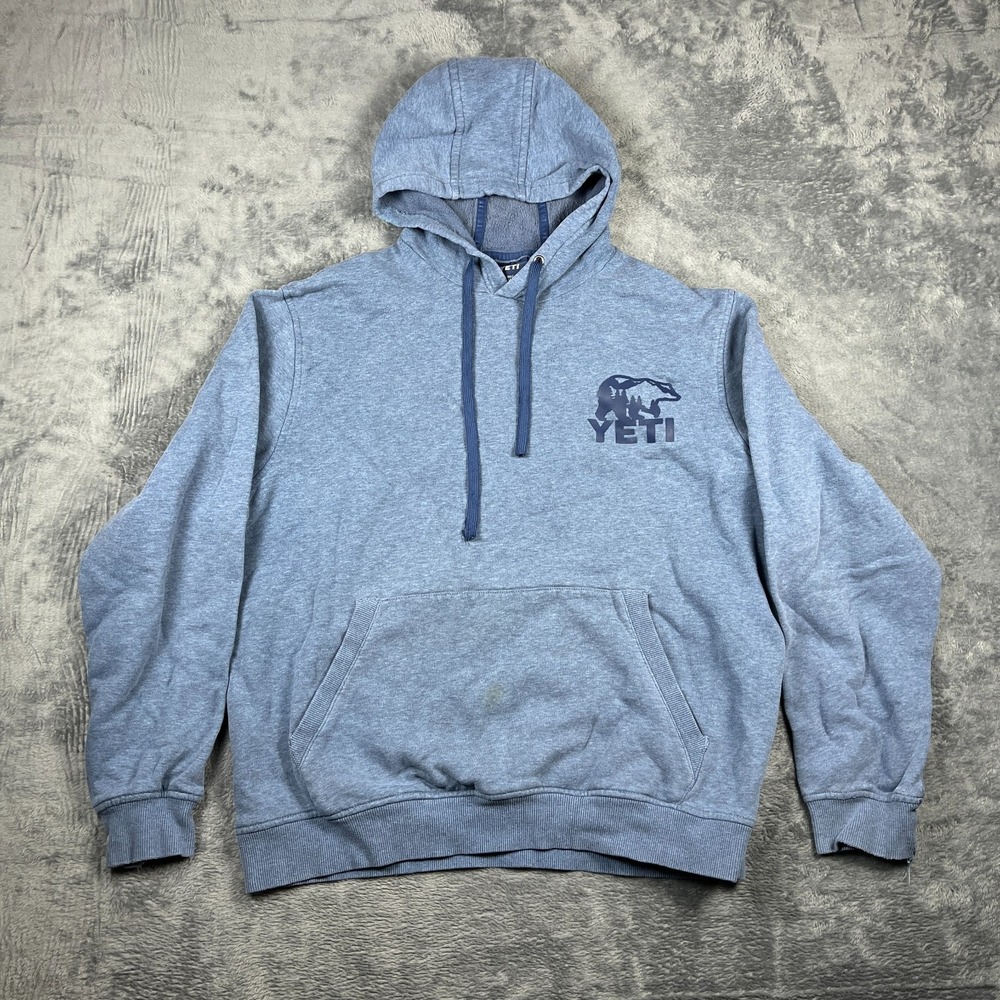 Yeti Brushed Fleece Bear Hoodie Mens Large Heathered Blue Lined Kangaroo Pockets